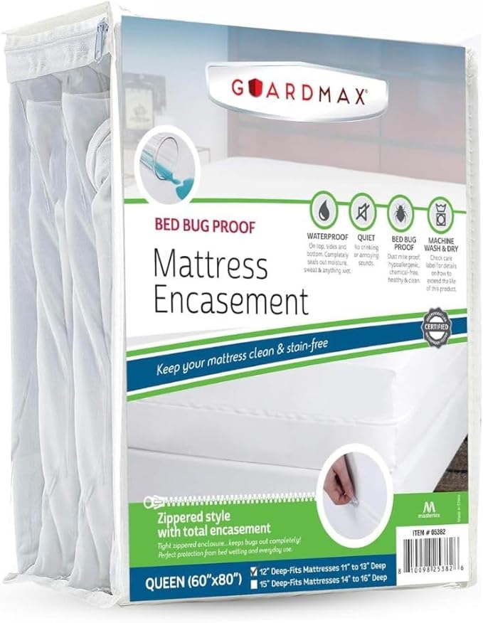 Guardmax Queen Mattress Encasement with Zipper, Waterproof, Bed Bug Proof, and Dust Mite Proof Mattress Protector for Queen Size Bed up to 12" Deep, Zippered All Around Jersey Knitted Mattress Cover