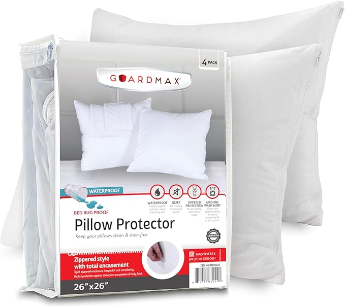 Guardmax Jersey Knitted European Pillow Protector with Zipper - 2 Pack -100% Waterproof, Bed Bug Proof, Dust Mite Proof, & Hypoallergenic Pillow Covers - Premium Zippered Pillow Cases. (26 X 26)