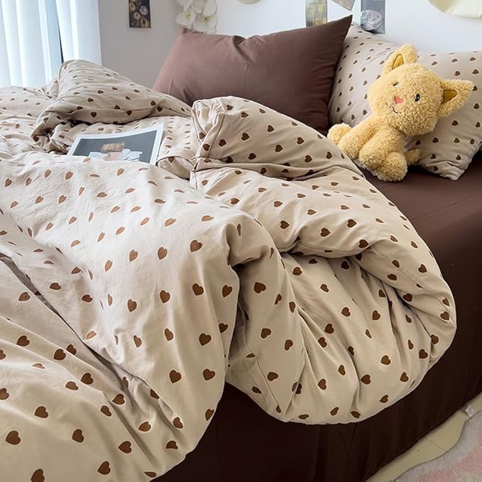 Nayoroom Brown Heart Duvet Cover Queen Size Vintage Hearts Printed on Taupe Comforter Cover Kids Girls 3 Pcs Soft Microfiber Farmhouse Bedding Set with Zipper Closure