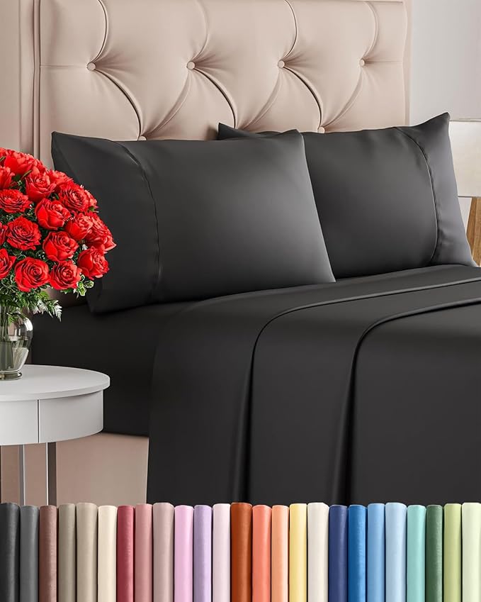 Twin 4 Piece Sheet Set - Comfy, Breathable & Cooling - Soft Hotel Luxury Bedding for Women, Men, Kids, Teens & Children - 1 Flat & 1 Fitted Sheet & 2 Pillowcases w/ Deep Pockets - Wrinkle Free - Black