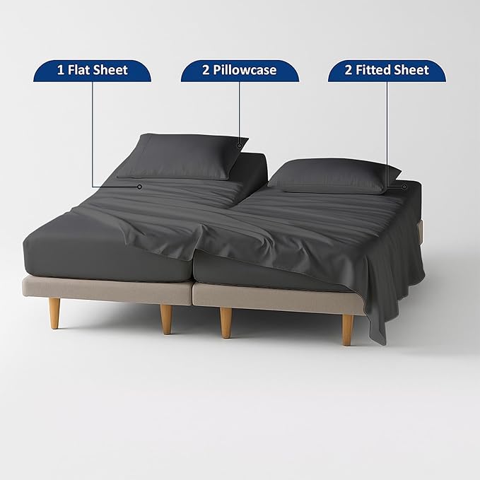 Split Cal King Sheets- Split California King Sheets Sets for Adjustable Bed- 5 Pcs Set- Split Cal King Sheets for Sleep Number Bed- 16 Inch Deep Pocket Adjustable Bed Sheets (Dark Grey Solid)