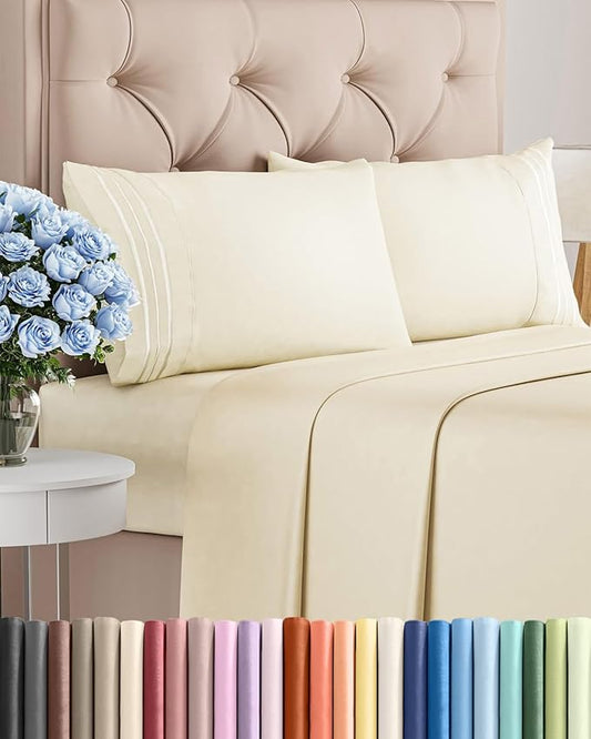 King Size 4 Piece Sheet Set - Comfy Breathable & Cooling Sheets - Hotel Luxury Bed Sheets for Women & Men - Deep Pockets, Easy-Fit, Extra Soft & Wrinkle Free Sheets - Off White Oeko-Tex Bed Sheet Set
