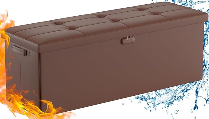 DocSafe Storage Ottoman Bench,Fireproof＆Waterproof Folding Bench with Lock(15”x 43”x15”),Leather Storage Chest with Handles＆2 Extra Boxes,Ottoman Safe for Bedroom,Living Room,Home Office,Brown