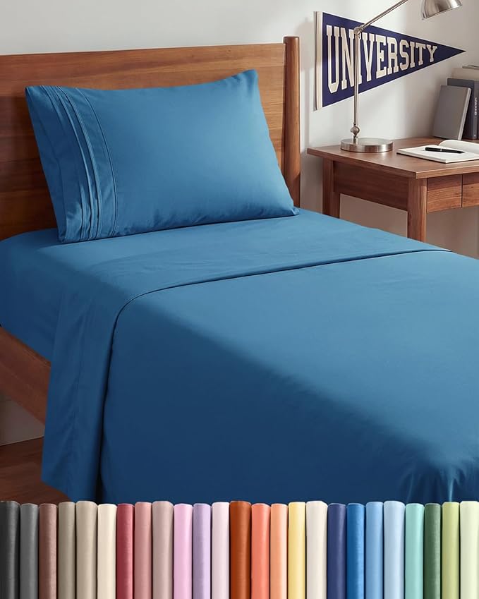 Twin XL Size 3 Piece Sheet Set - Comfy Breathable & Cooling Sheets - Hotel Luxury Bed Sheets for Women & Men - Deep Pockets, Easy-Fit, Soft & Wrinkle Free Sheets - Denim Blue Oeko-Tex Bed Sheet Set