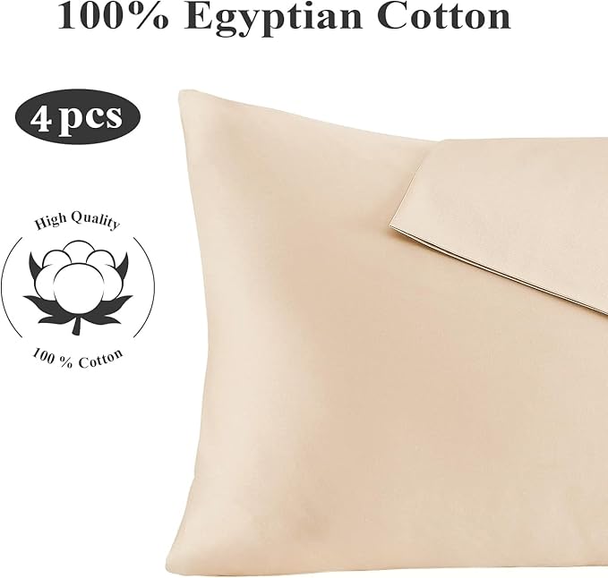 100% Egyptian Cotton Pillow Protectors Set of 4, 400 Thread Count Sateen Weave Pillowcase, Easy Care Zippered Style Pillow Covers (Beige, 4 Pack, King)
