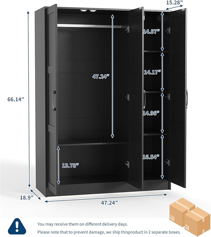 Garvee 3 Doors Wooden Wardrobe Closet, Morden Wardrobe Armoire with Doors and Shelves, Standing Closet Cabinet for Hanging Clothes, Large Capacity Storage Cabinet for Bedroom, Black
