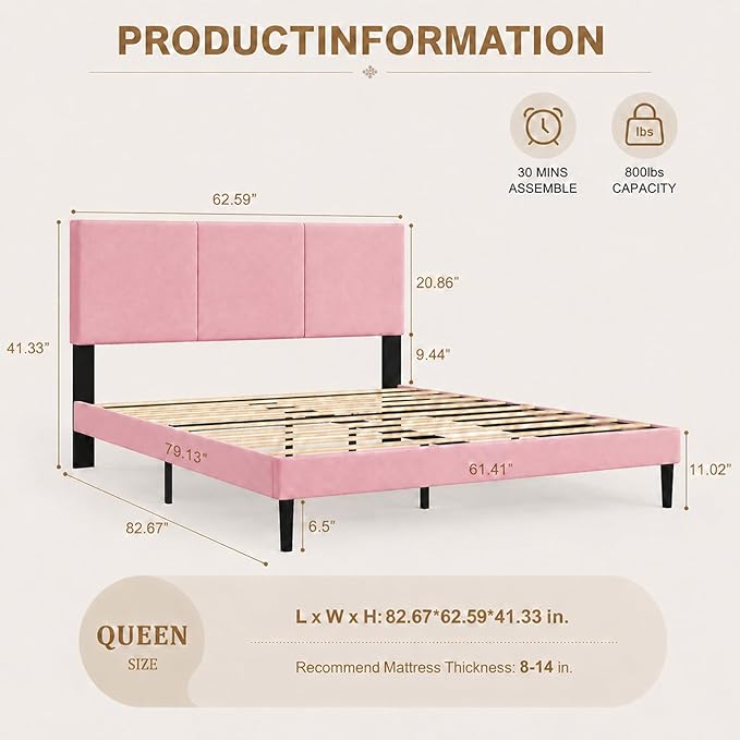 Queen Size Bed Frame with Headboard, Velvet Upholstered Platform Bed Frame, Sturdy Slatted Support for Springless Mattresses, Silent Operation, Easy to Assemble, Pink