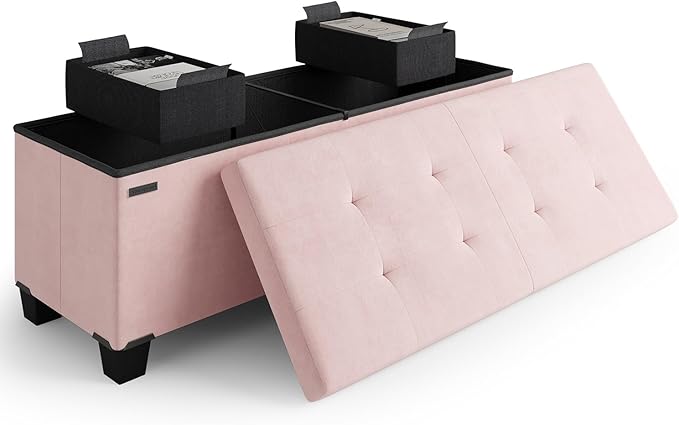 Storage Ottoman Bench with Bins, 43-in Storage Bench for Bedroom End of Bed, Folding Foot Rest Ottoman for Living Room Max 660lbs, Velvet Ottomans, Pink