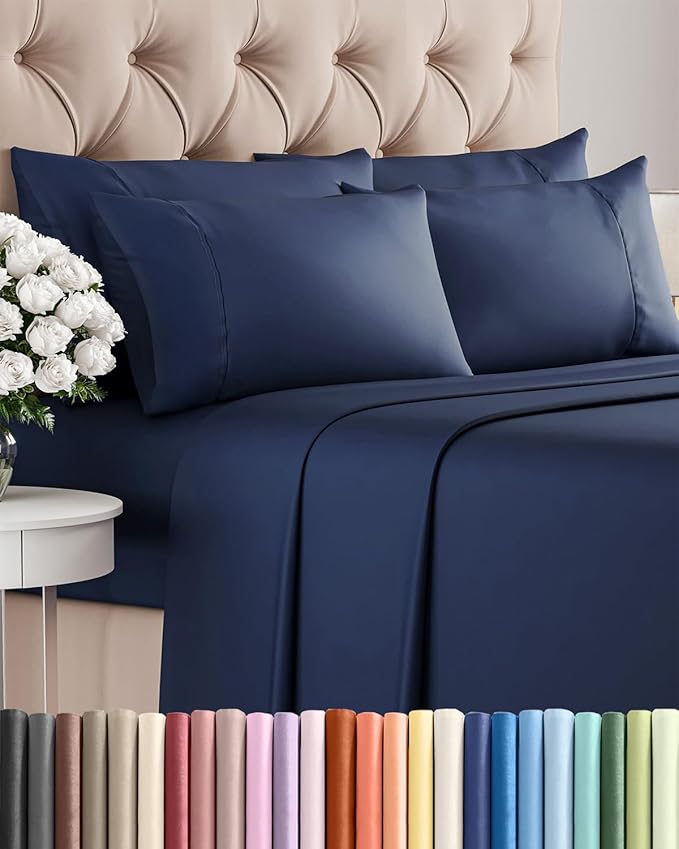 Queen 6 Piece Sheet Set - Comfy, Breathable & Cooling - Hotel Luxury Bedding for Women, Men, Kids, Teens & Children - 1 Flat & 1 Fitted Sheet & 4 Pillowcases w/ Deep Pockets - Wrinkle Free - Navy Blue