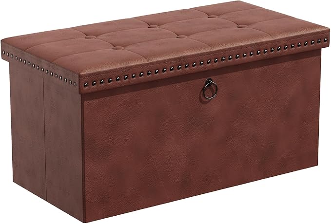 Storage Ottoman, Ottoman Faux Leather Bench, Rectangular Storage Ottoman for Bedroom End of Bed,Combination of Button Suede Rivet Design Ottoman with Storage 32.28" L x 15.75" W x 15.75" H