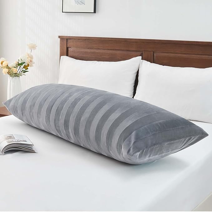 BEDELITE Velvet Body Pillow Cover with Zipper, Soft and Plush 20x54 Long Pillow Case, Velvety Smooth and Cozy Body Pillow Pillowcase for Bedroom, for All Seasons(Dark Grey-Stripe)