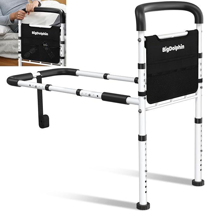 Bed Rails for Elderly Adults Safety - ASTM Approved Adjustable Bed Cane with Non-Slip Ergonomic Handle & Storage Pocket, 400 LBS Stable Bed Assist Rails for Seniors, Tool-Free, Model
