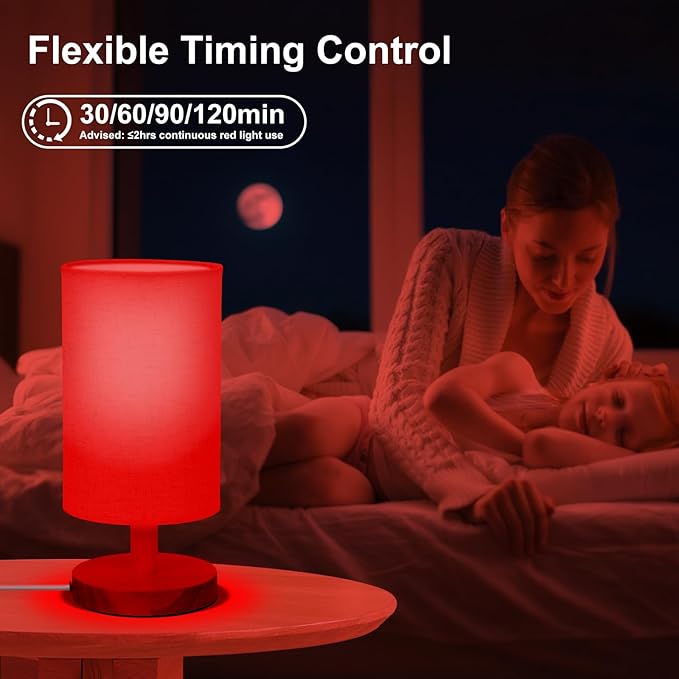 Red Light Lamp for Bedroom, Nightstand Lamp with 670nm Red & 3000-6500K White Light, Remote Control, Timer, Night Light, Dimmable LED Bedside Table Lamp with Memory Function, Wood Base & Fabric Shade