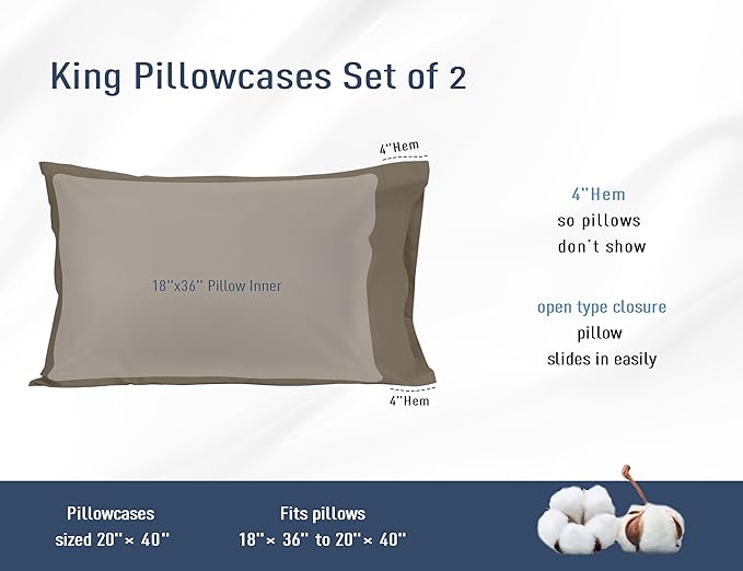 Pillow Cases, King Size Cotton Percale Weave Pillowcases, Pre-Shrunk Breathable and Hypoallergenic Pillowcases, Set of 2 (2 Piece King 20 Inch x 40 Inch, Taupe Gray)