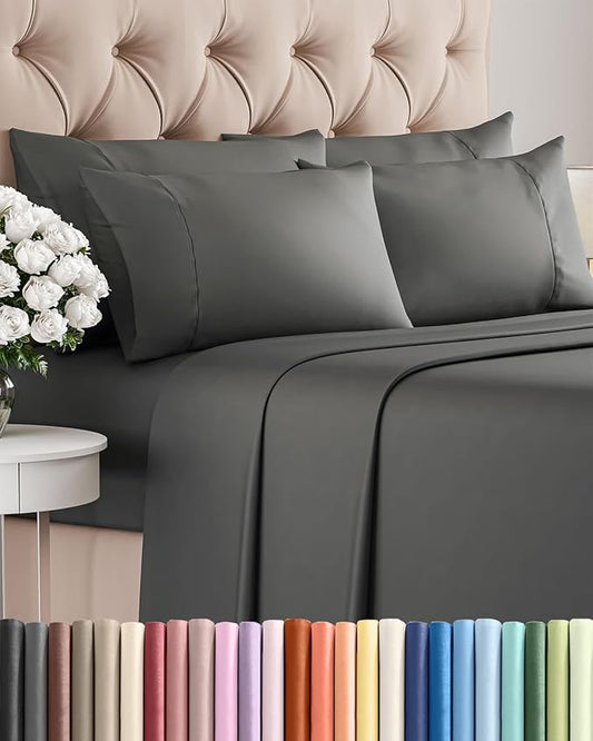 Cal King 6 Piece Sheet Set - Comfy Breathable & Cooling - Hotel Luxury Bedding for Women, Men, Kids, Teens & Children - 1 Flat & 1 Fitted Sheet & 4 Pillowcases w/ Deep Pockets, Wrinkle Free - Charcoal