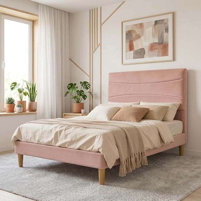 IDEALHOUSE Full Upholstered Platform Bed Frame with Ergonomic Headboard, Beige Soft Fabric, Heavy Duty Wooden Slats, Noise-Free, 6.3" Underbed Storage, No Box Spring Needed, Easy Assembly