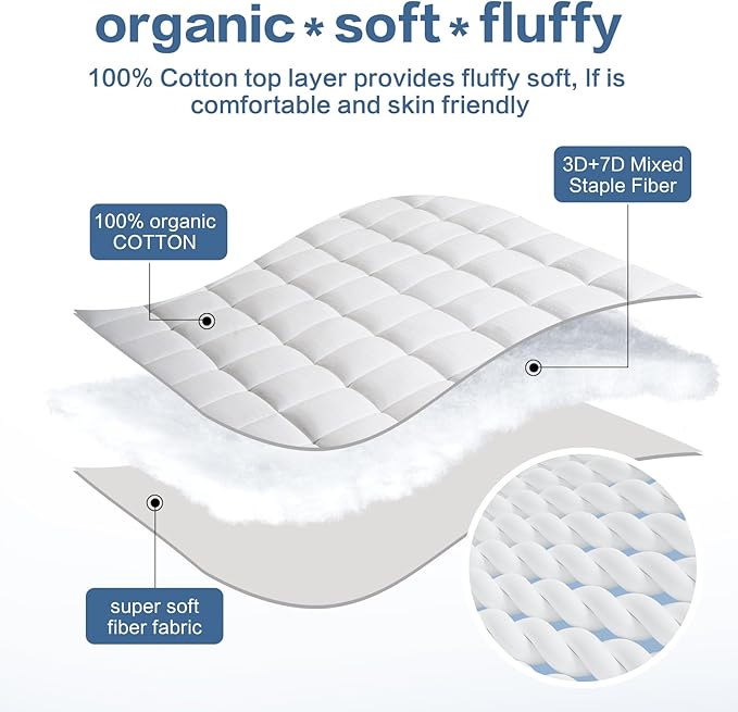 LEISURE TOWN Cotton Mattress Pad Twin XL Size Fitted Quilted Mattress Cover Pillow Top Mattress Topper Cooling Soft Breathable Mattress Protector with 8-21 Deep Pocket,Machine Washable (39x80 White)