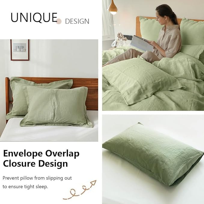 Simple&Opulence 100% Washed Linen Duvet Cover Set 5pcs(1 Duvet Cover& 2 Shams& 2 Pillowcases) Basic Style Natural French Flax Soft Breathable Farmhouse Bedding (Queen, Sage Green)