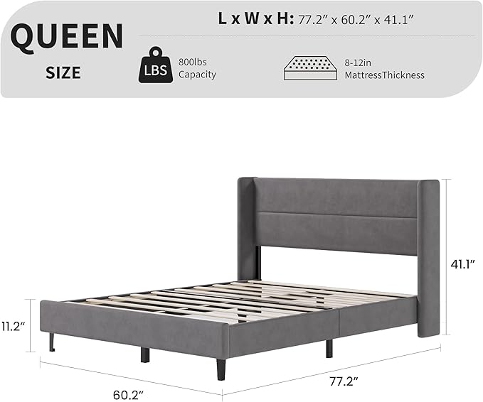 Garvee Queen Size Bed Frame with Wingback Headboard, Velvet Upholstered Platform Bedframe with Wood Slats, No Box Spring Needed, Easy Assembly, Grey