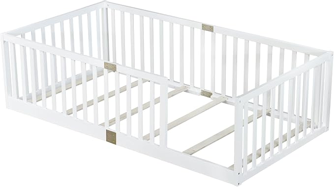 Bellemave Twin Size Montessori Floor Bed with 21.5" High Rails, Rubber Wood Twin Floor Bed with Slats, White