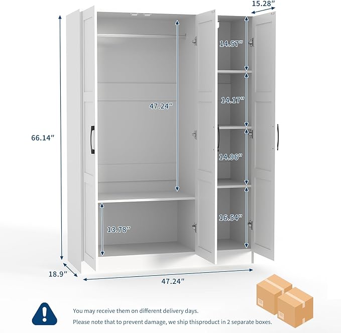 PeakPursuit Wooden Wardr.obe Closet Arm.oire, Freestanding Ward.Robe with 3 Doors for Hanging Clothes, Bedroom Large Capacity Freestanding Arm.oire