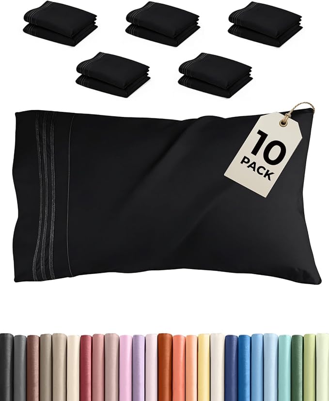 Standard Pillow Cases Set of 10 - Ultra Soft Hotel Quality Pillowcase Covers - Comfy, Cozy & Wrinkle Free - Shrink, Stain and Fade Resistant - Machine Washable Pillow Protectors - 10 Piece Set - Black