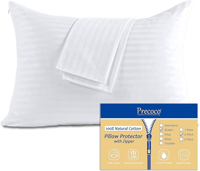 100% Cotton Pillow Protectors with Zipper Queen Size, White Pillow Cases Set of 2 for Home & Hotel, Sateen Soft Cooling Hidden Zippered Pillow Case Protector for Hair & Skin, 20x30 in
