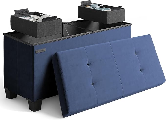 Storage Ottoman Bench with Bins, 30-in Storage Bench for Bedroom End of Bed, Folding Foot Rest Ottoman for Living Room Max 660lbs, Velvet Ottomans, Blue