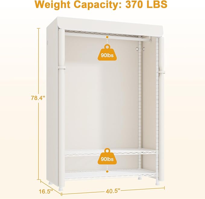 ULIFHOME H5C Plus Clothes Rack with Cover, Portable Closet for Hanging Clothes, Covered Clothing Racks Heavy Duty, Garment Racks with Shelves, Max Load 370LBS, White Closet Rack with White Cover