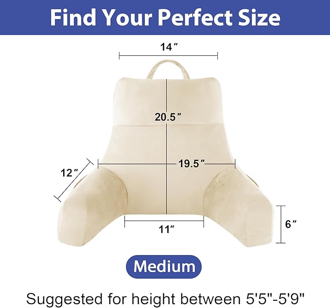 IPYNBAP Reading Pillow with Arms for Adult, Back Pillow for Bed Sitting Up, Shredded Memory Foam Backrest Pillow with Pockets & Removable Washable Cover, Lounging, Watching TV, Reading(20" Beige)