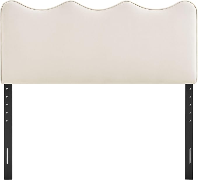 Monday Athena Queen Size Performance Velvet Adjustable Headboard in Alabaster - with Scalloped Wave Design and Stain-Resistant Velvet Upholstery