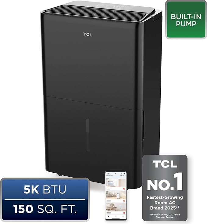 TCL 50-Pint Capacity Quiet, Energy Efficient Portable Smart Dehumidifier with Pump, Bucket or Continuous Drain, Smart Home Compatible, Humidity Control for Home, Apartment, Rooms up to 4500 Sq Ft