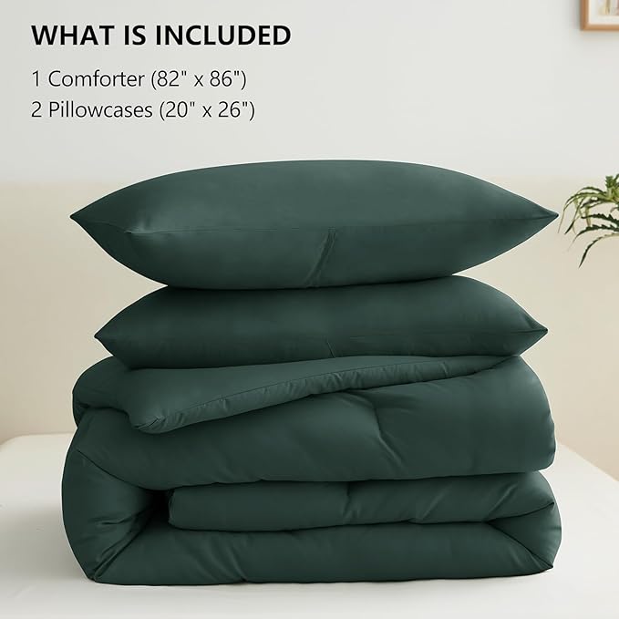 CozyLux Full Size Comforter Set Forest Green, 3 Pieces Solid Breathable Quilted Bedding Sets, Luxury Lightweight Soft Bed Set with Down Alternative Comforter and 2 Pillowcases for All Seasons