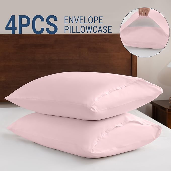 Pillowcases King 4 Pack, 20x36 Pillow Cases with Envelope Closure, Soft Plain Brushed Microfiber Covers Breathable Wrinkle-Resistant, Pink