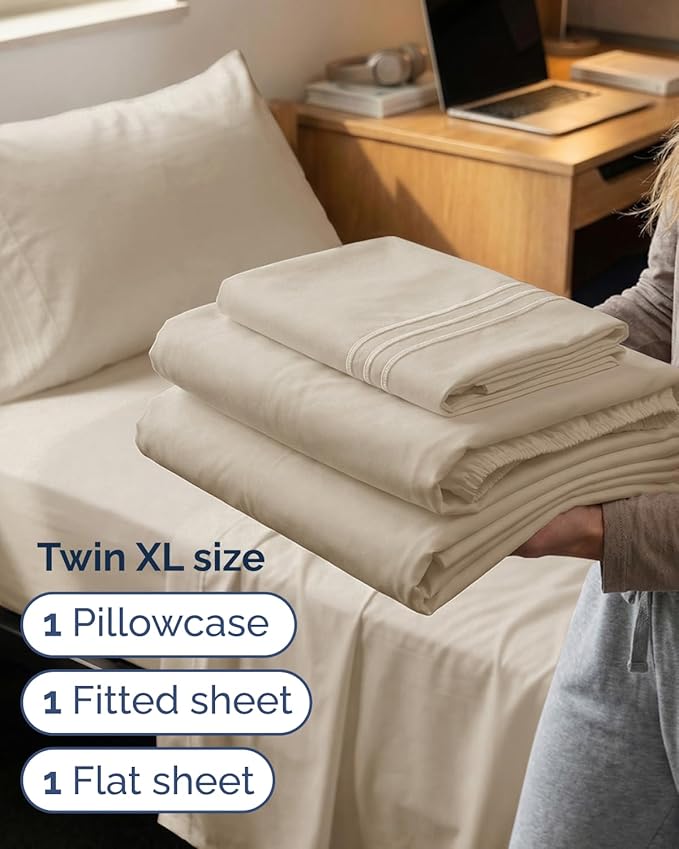 Twin XL Size 3 Piece Sheet Set - Comfy Breathable & Cooling Sheets - Hotel Luxury Bed Sheets for Women & Men - Deep Pockets, Easy-Fit, Extra Soft & Wrinkle Free Sheets - Wheat Oeko-Tex Bed Sheet Set