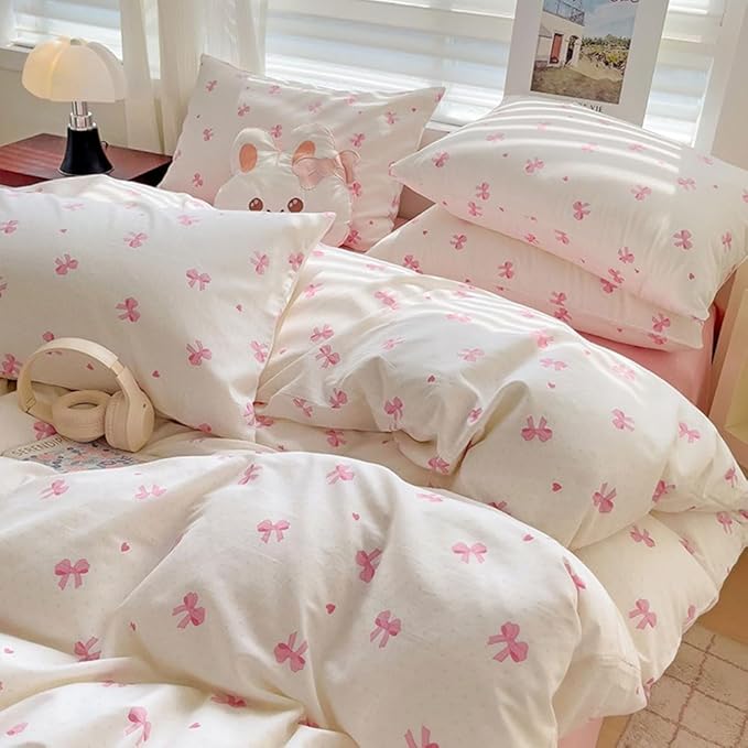Nayoroom Pink Bow Duvet Cover Twin Size Heart Bows Printed Coquette Bedding Set 2 Pcs Kids Girls Cute Comforter Cover with Zipper Closure Soft Breathable Microfiber