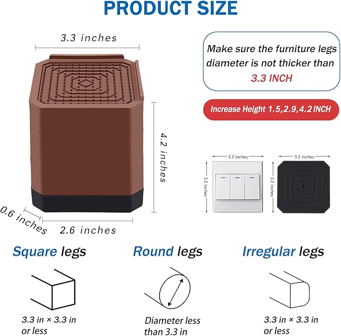 ANNKUT Bed Risers and Furniture Risers, Heavy Duty Adjustable Lifting Blocks for Couches, Desks, and Chairs, Elevates 1.5、3 or 4.3 Inches, Holds up to 4000 lbs (Brown)
