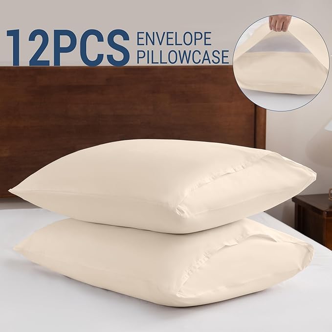 Pillowcases King 12 Pack, 20x36 Pillow Cases with Envelope Closure, Soft Plain Brushed Microfiber Covers Breathable Wrinkle-Resistant, Beige