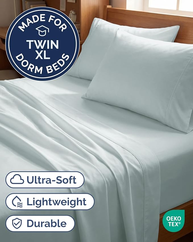 Twin XL 4 Piece Sheet Set - Comfy Breathable & Cooling - Hotel Luxury Bedding for Women, Men, Kids, Teens & Children - 1 Flat & 1 Fitted Sheet & 2 Pillowcases w/ Deep Pockets - Wrinkle Free - Ice Blue