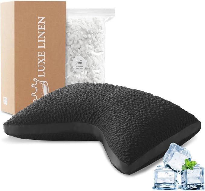 Side Sleeper Pillow for Neck & Shoulder Comfort, Cooling Cervical Contour Gusseted Pillow for Hot Sleepers, Adjustable Luxury Shredded Memory Foam, Washable Cover, Black Standard Size