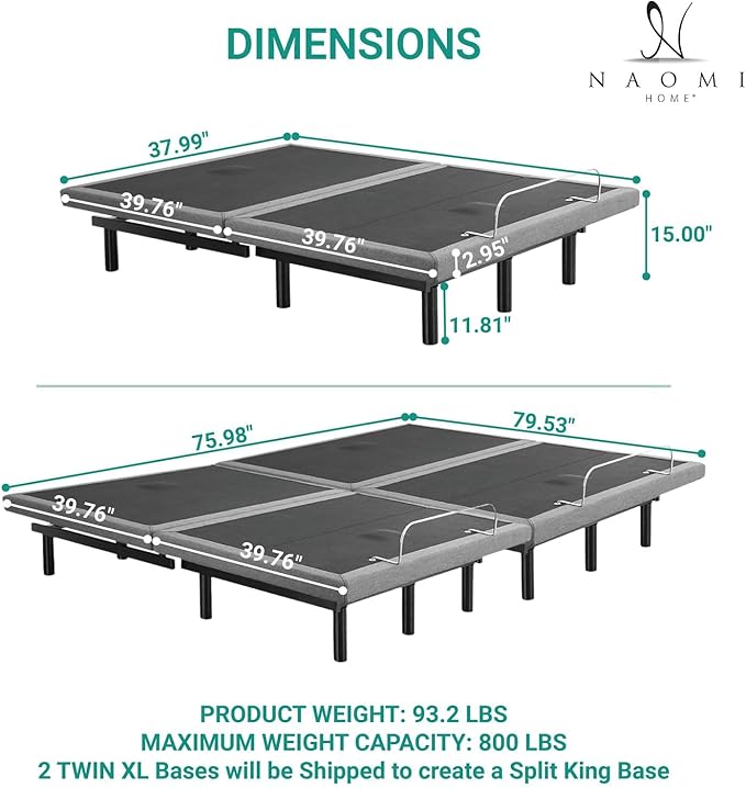 Naomi Home Idealbase Split King Adjustable Bed Base with Massage, USB Ports, Under-Bed Light, Wireless Remote, 800 Lb Capacity, Gray Metal Frame, Easy Setup for Couples’ Personalized Comfort