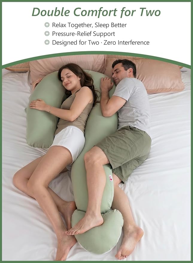 Meiz Question Mark Body Pillow for Adults & Couples - Rayon Cover Derived from Bamboo, Full Body Support for Side Sleepers, Back & Pregnancy, with Detachable Heart Cushion, Sage Green