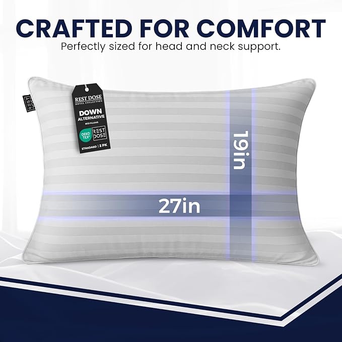 Bed Pillows for Sleeping, Set of 2 – Cooling, Hotel Quality with Soft Down Alternative Fill for Back, Stomach & Side Sleepers | White Striped Queen