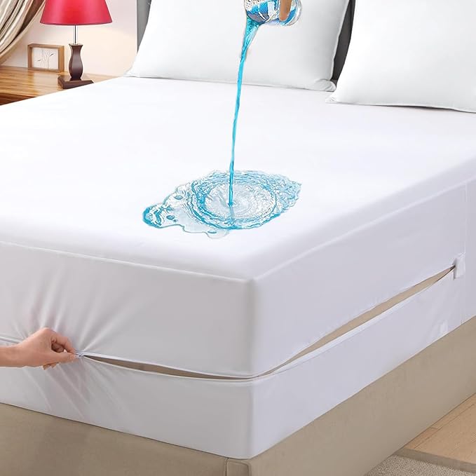 Queen Waterproof Zippered Mattress Encasement, Breathable, Noiseless, Machine-Washable Zipped Mattress Cover, Fitting 7" - 15" Deep Mattress
