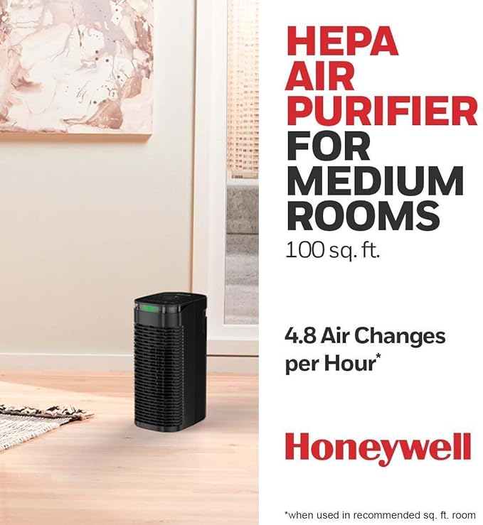 Honeywell InSight HEPA Air Purifier for Medium Rooms (100 sq ft). Allergen Reducer for Wildfire/Smoke, Pollen, Pet Dander & Dust. Air Quality Indicator and Auto Mode - Black, HPA080