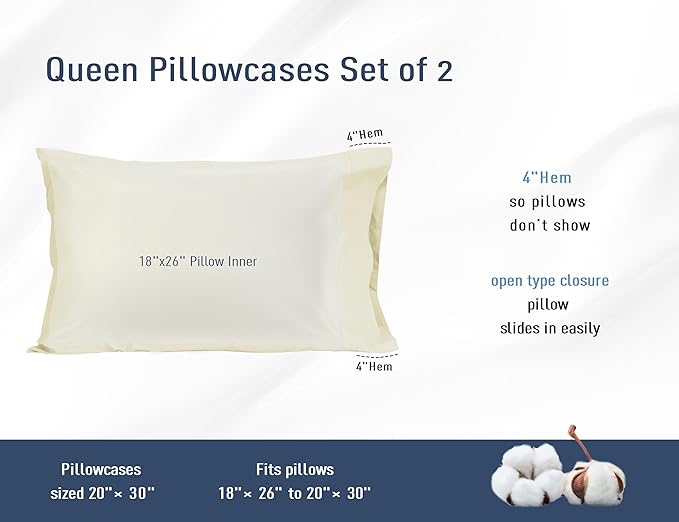 Pillow Cases, Standard Queen Size Cotton Percale Weave Pillowcases, Pre-Shrunk Breathable and Hypoallergenic Pillowcases, Set of 2 (2 Piece Standard/Queen 20 Inch x 30 Inch, Cream)
