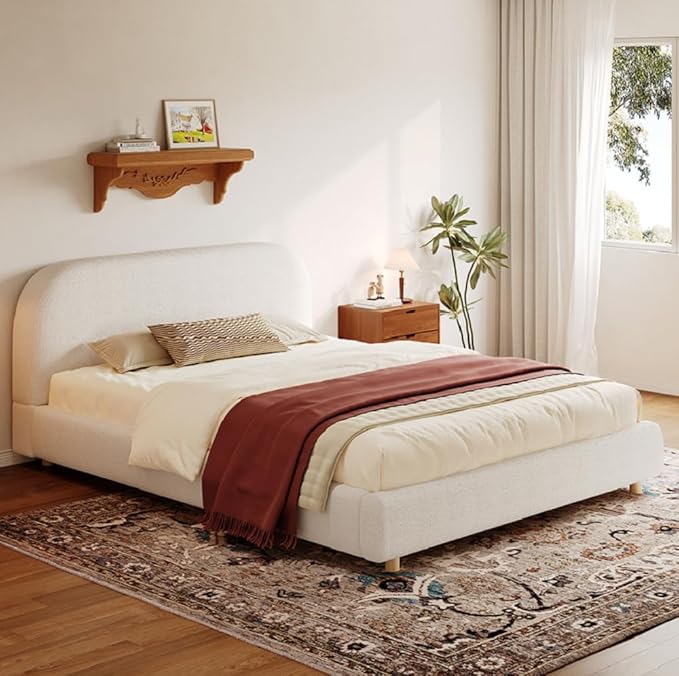 Merax Queen Size Teddy Fleece Thick Fabric Upholstered Platform Bed with Curved Shaped Headboard, Wood Bed Frame with Solid Round Legs for Kids Teens Adults, White