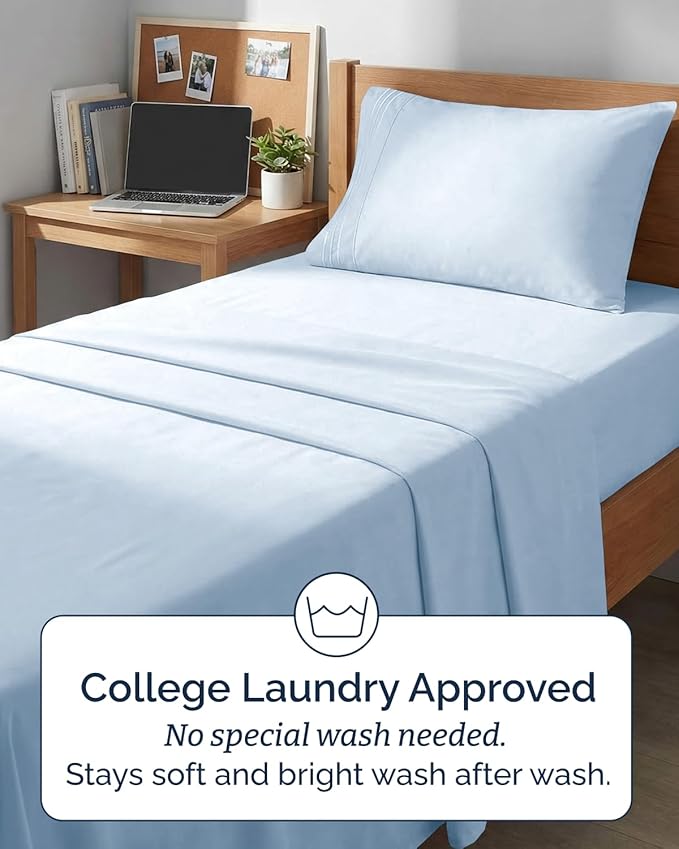 Twin XL 4 Piece Sheet Set - Comfy Breathable & Cooling - Hotel Luxury Bedding for Women, Men, Kids, Teens & Children - 1 Flat & 1 Fitted Sheet & 2 Pillowcases w/ Deep Pockets, Wrinkle Free - Baby Blue