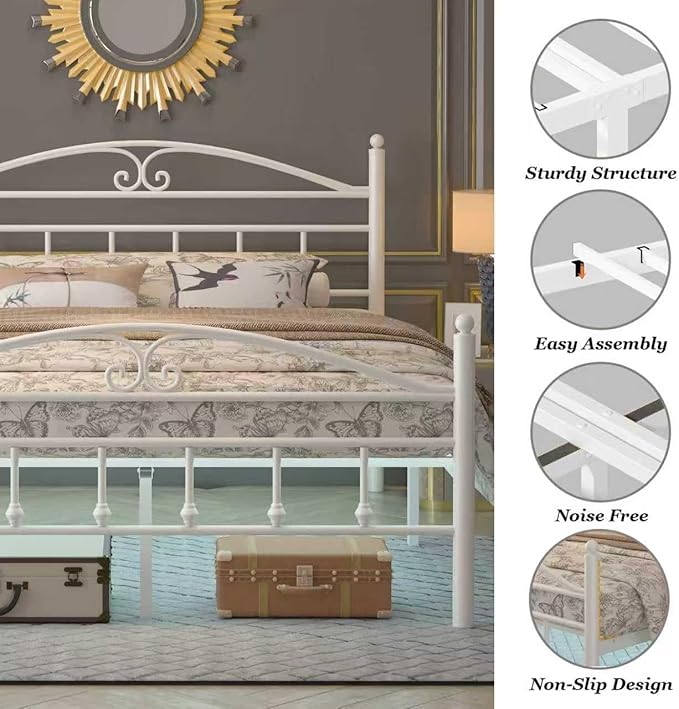 12 Inch Full Size Bed Frame with Charging Station,White Metal Platform Bed Frame with LED Lights,Heavy Duty Metal Steel Slats Support,No Box Spring Needed,Noise Free,Easy to Assemble