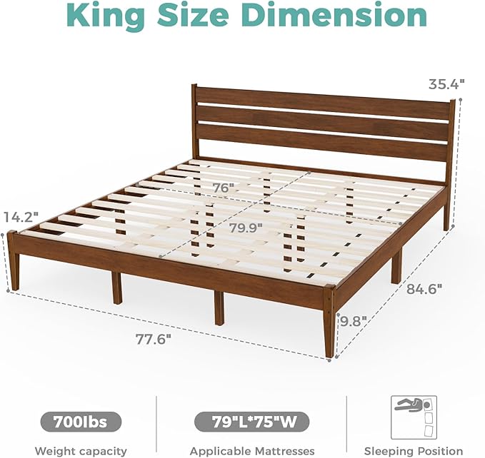 King Bed Frame and Ladder Headboard, Solid Wood Bed Frame with Storage, Malaysian Oak Platform Beds with Wooden Slats, No Box Spring Needed, Easy Assembly, King Size, Antique Espresso